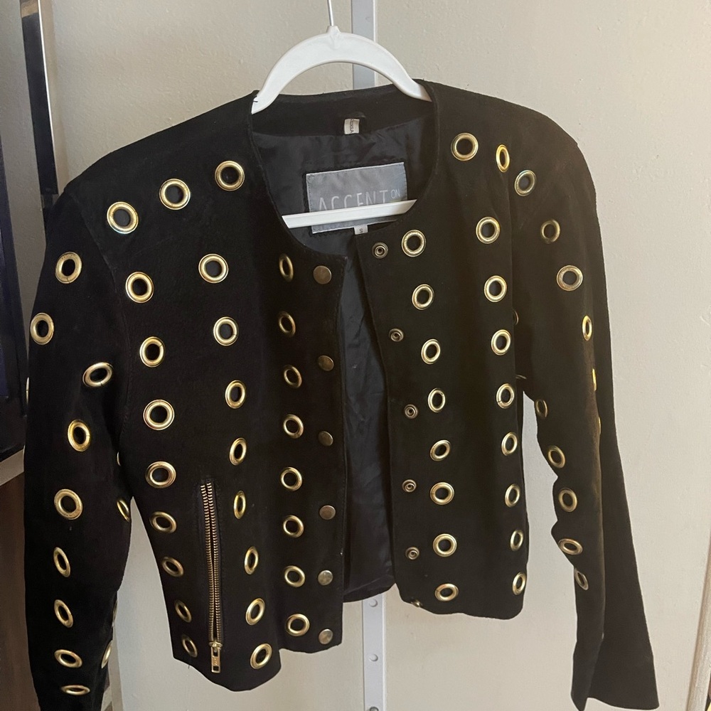Black Suede Grommet Jacket with Gold Hardware